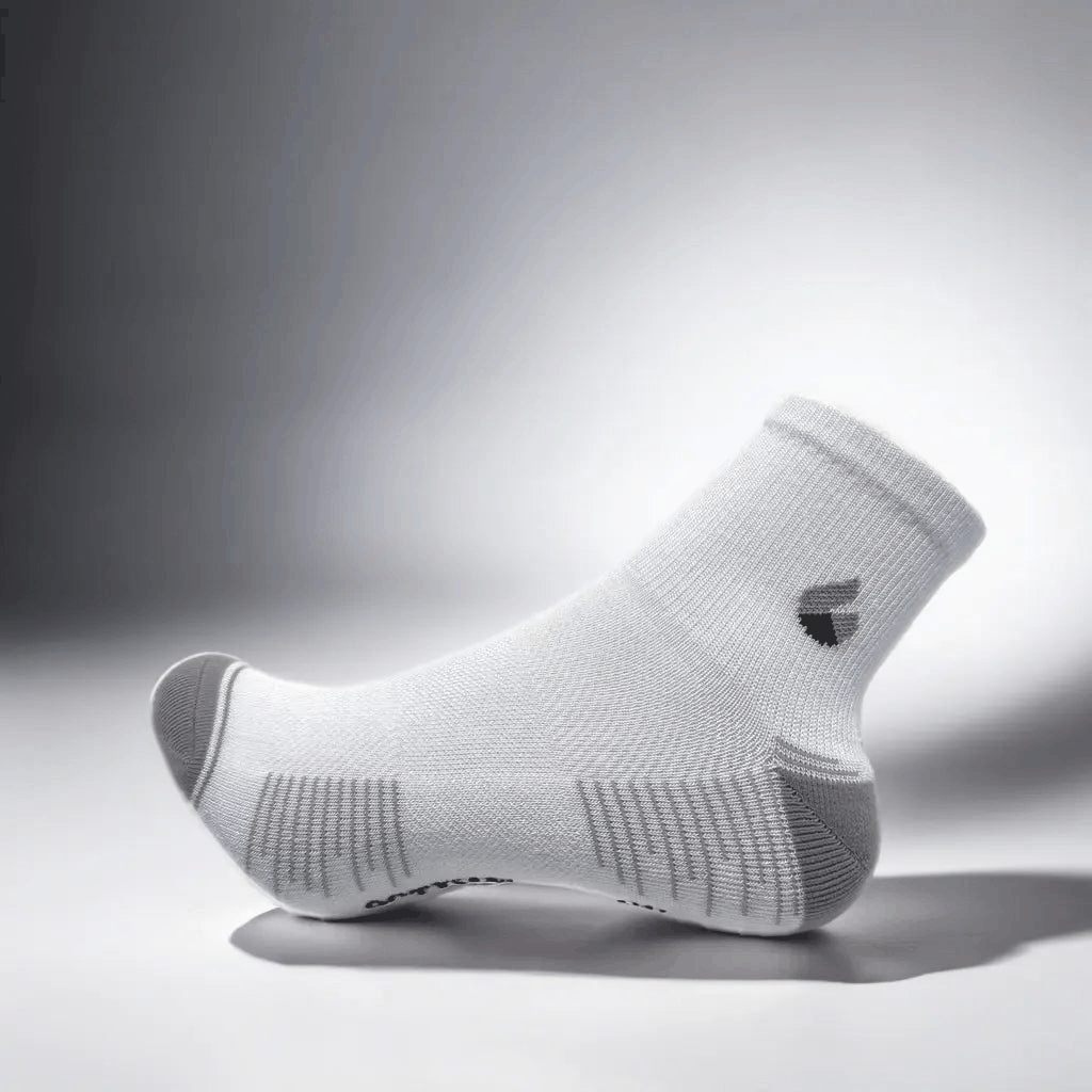 Ankle white and grey running sock with seamless toe and breathable mesh panels.