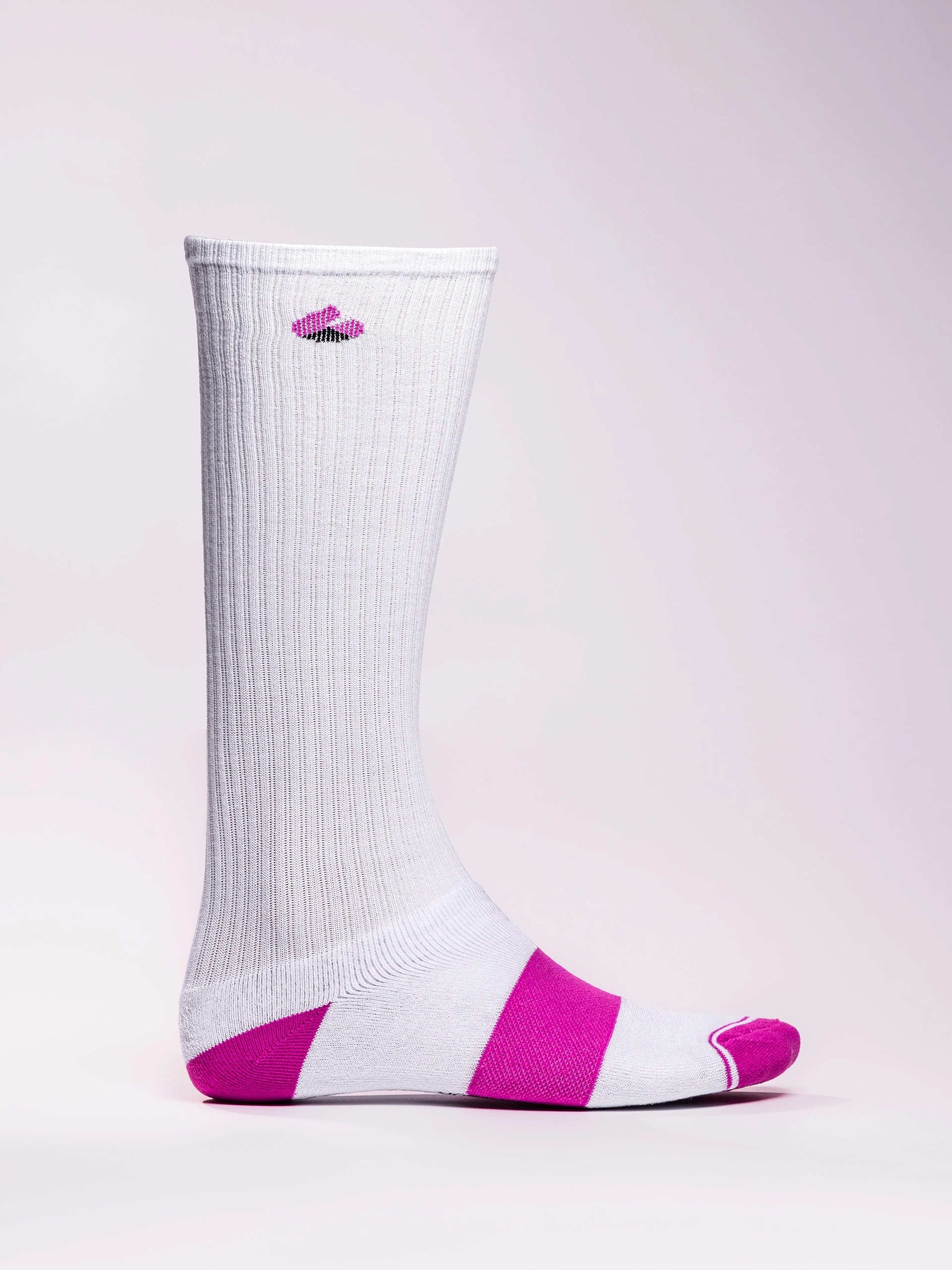 White and pink compression socks designed for enhanced circulation and muscle support.